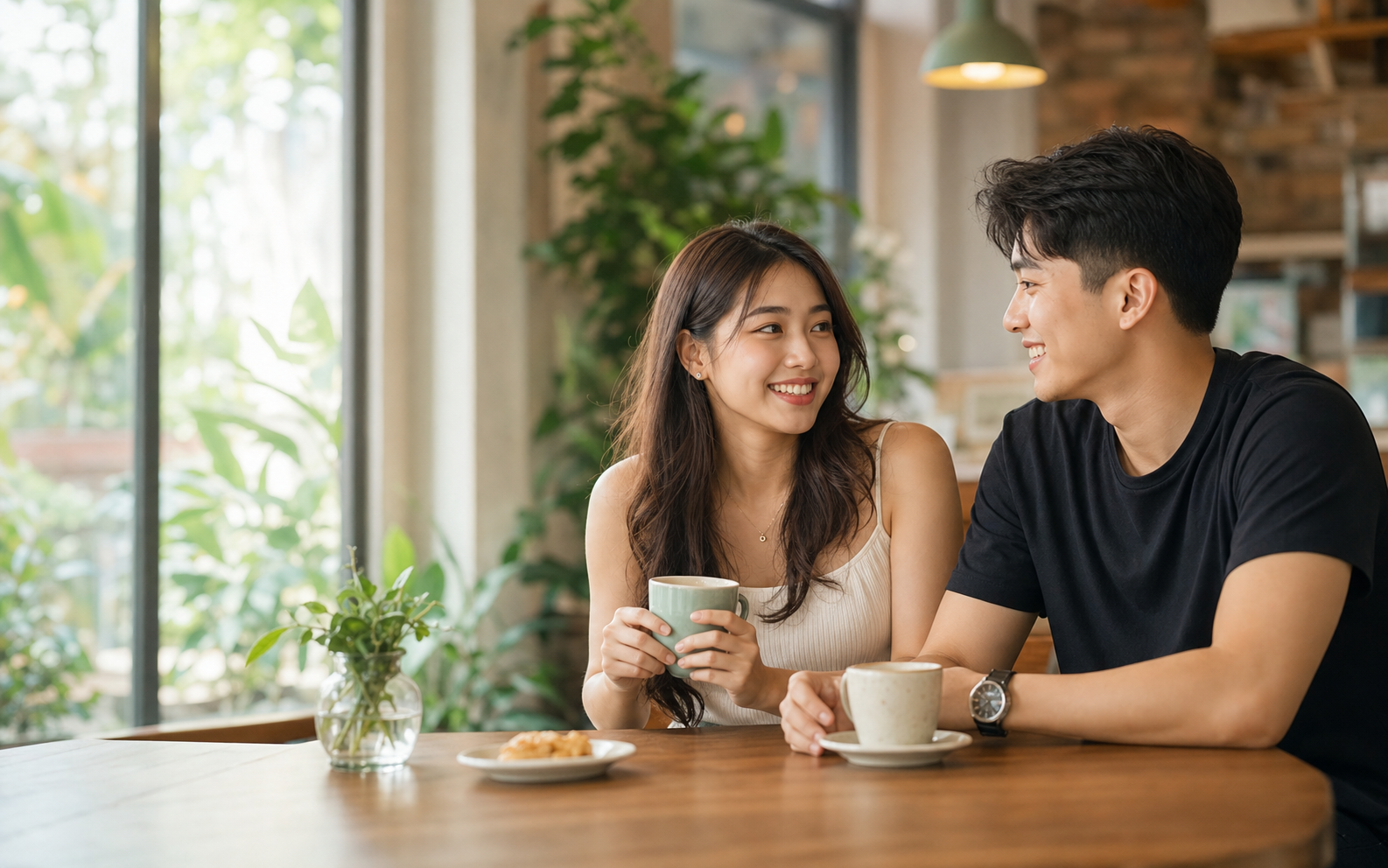 Two people meeting comfortably at a cafe
